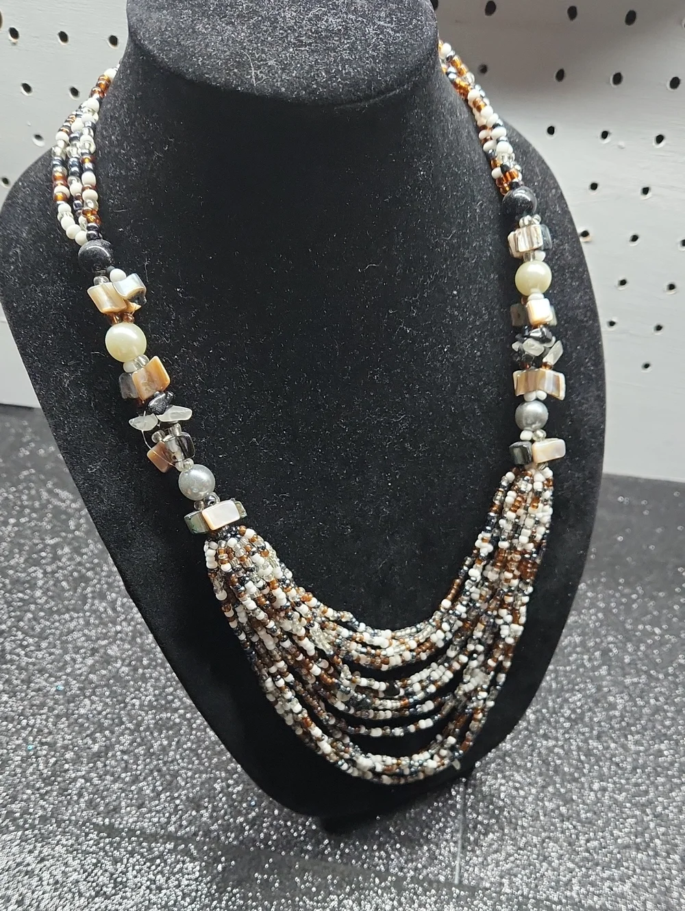 Multi-Strand Beaded Necklace in Black, White & Brown